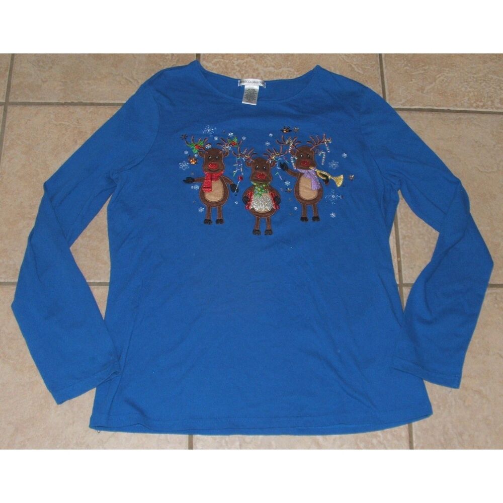 REBECCA MALONE Blue Sz XL Stretchy Cotton Embellished Christmas Reindeer Shirt